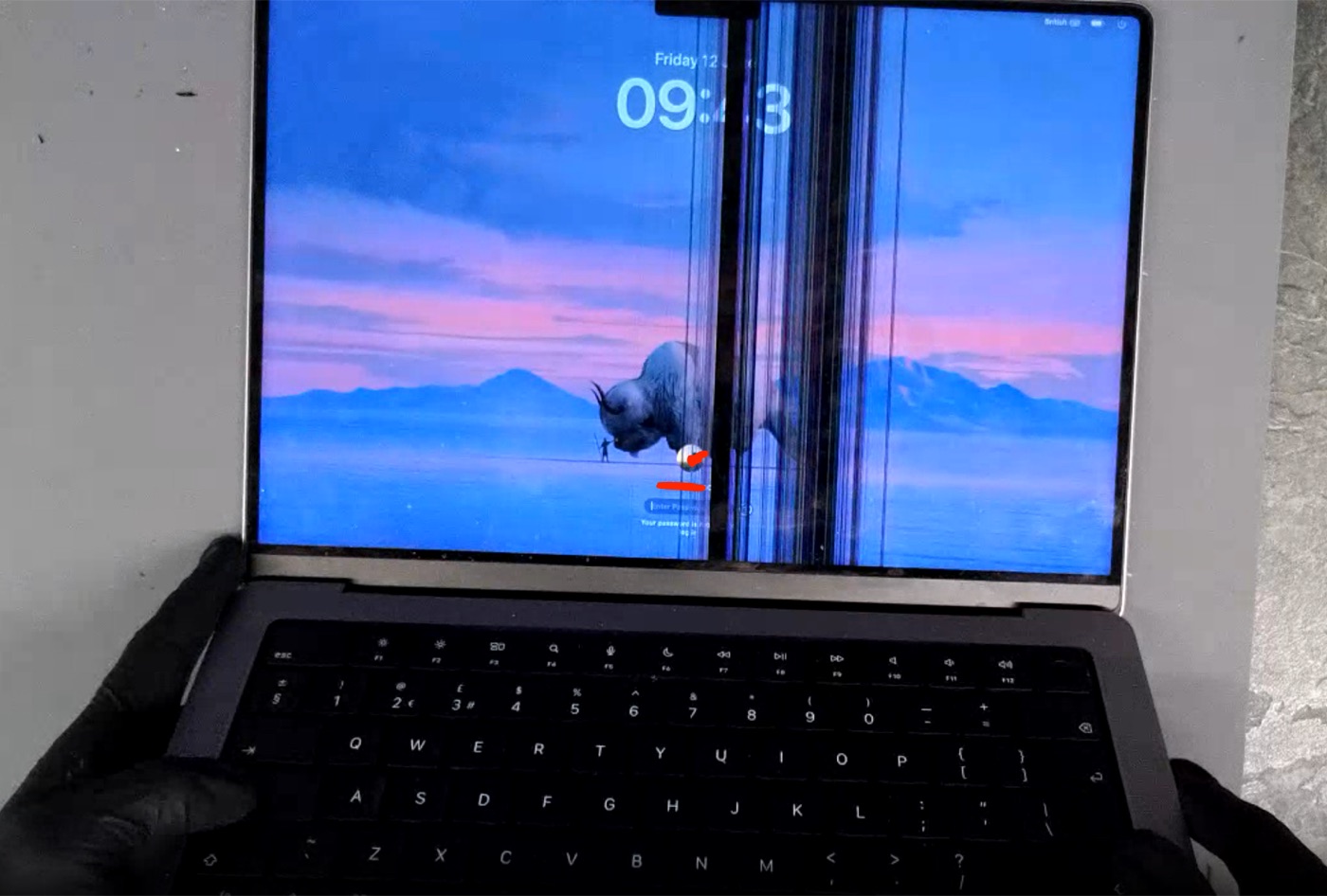 MacBook screen physical damage example — Half the screen lost to internal cracking